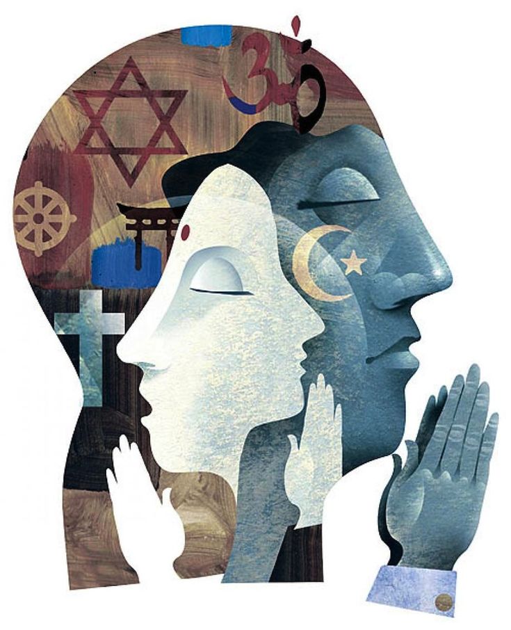 Diverse spiritual community gathered together at dawn across sacred traditions